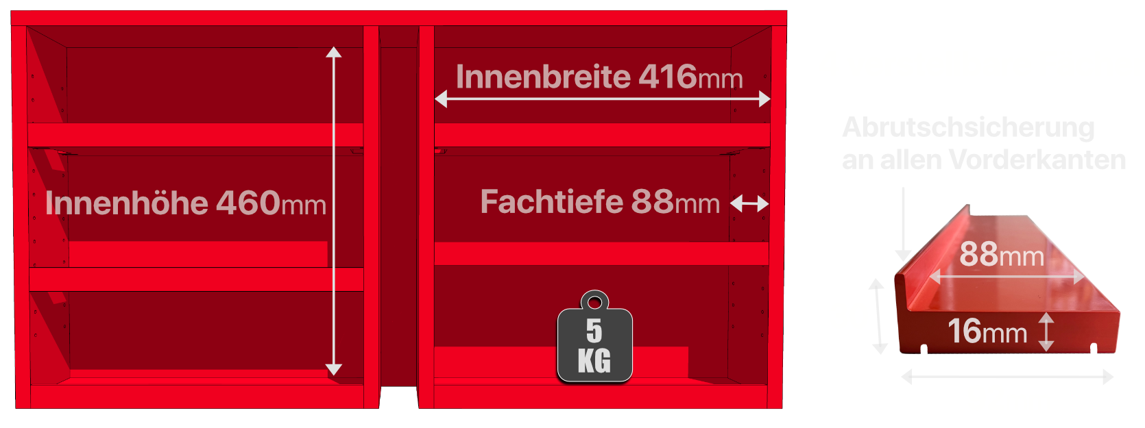 Maße und Innenaufteilung des Geheimfachs X1