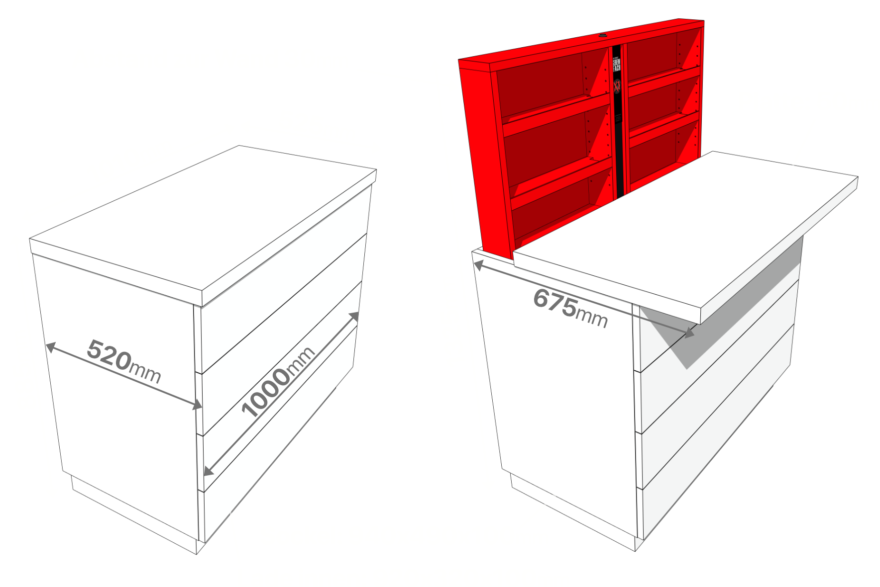 Maße und Innenaufteilung des Geheimfachs X1